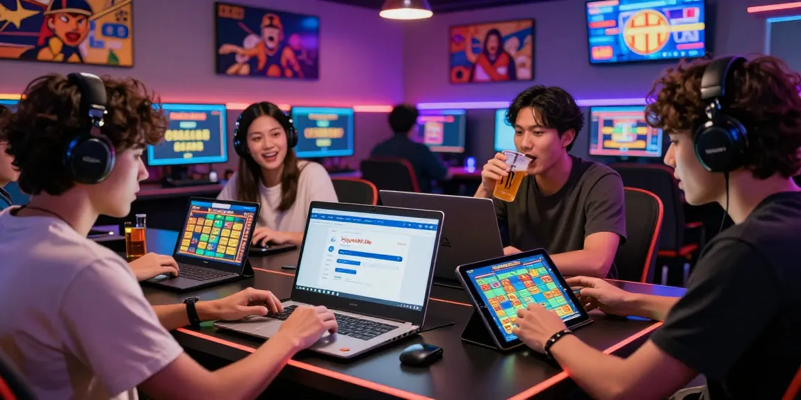 Diverse players in a vibrant gaming lounge engaged with Togel88 Me Login, analyzing strategies and celebrating wins.