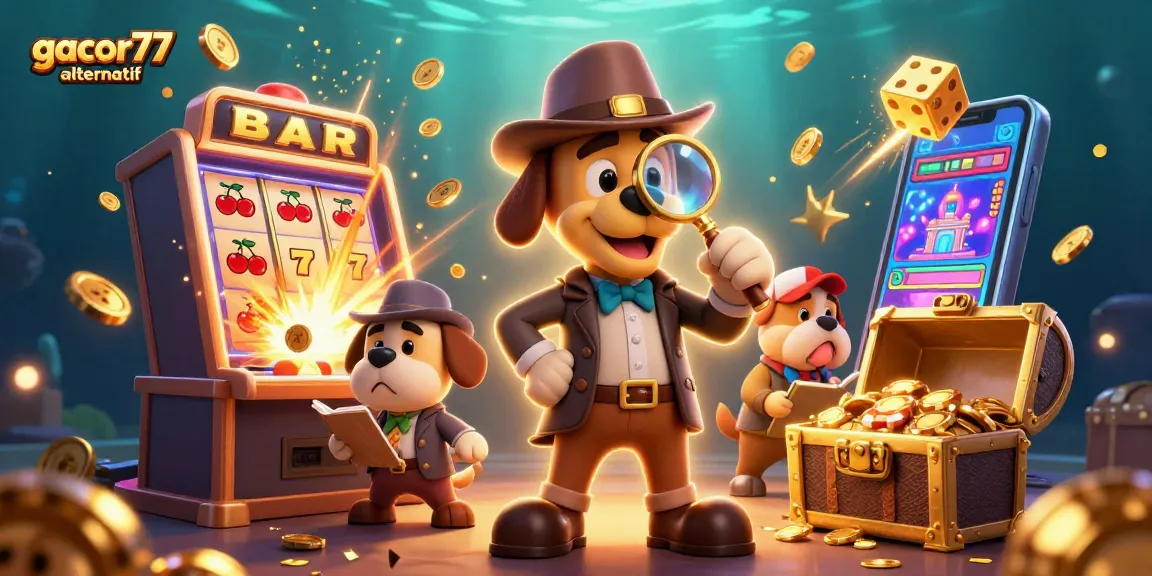 Gacor77 alternatif menampilkan ilustrasi 3D slot dengan kasino yang memukau dan karakter detektif mencolok.