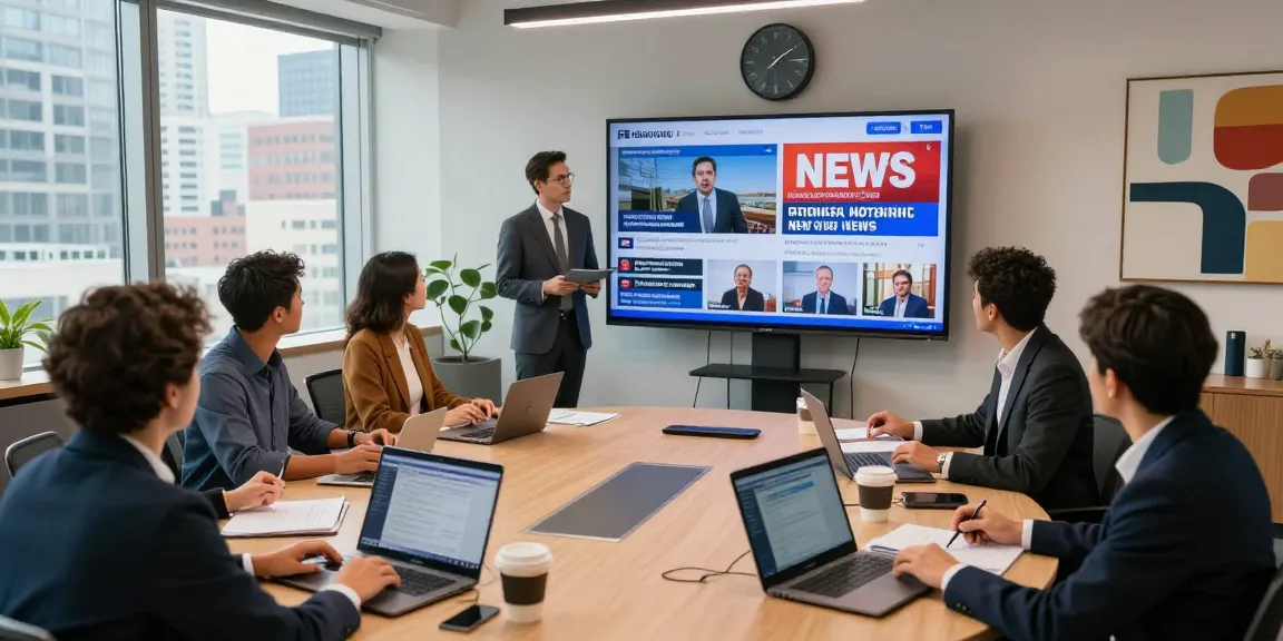 Krista Media Online newsroom scene with reporters presenting breaking news updates and collaborating on live audience engagement.