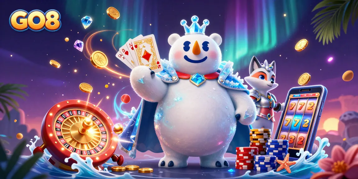 Win big at GO8 with stunning casino games illustrated by a polar bear king amidst vibrant treasures.
