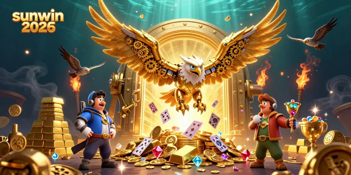 Experience the excitement of sunwin 2026 with a cybernetic eagle flying through dynamic casino elements.