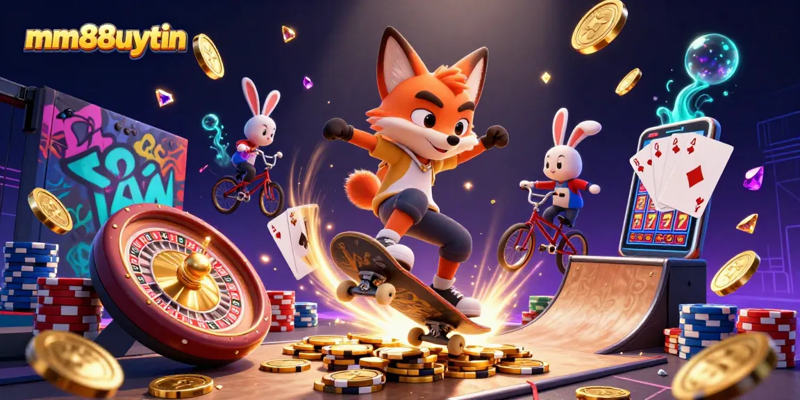 Experience mm88uytin's vibrant casino thrills with a 3D skateboard fox and BMX rabbit in action.