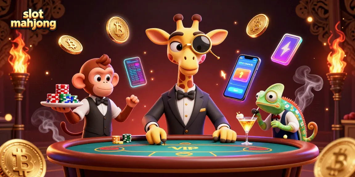 Play slot mahjong with a vibrant and exciting scene featuring cartoon characters and casino elements.