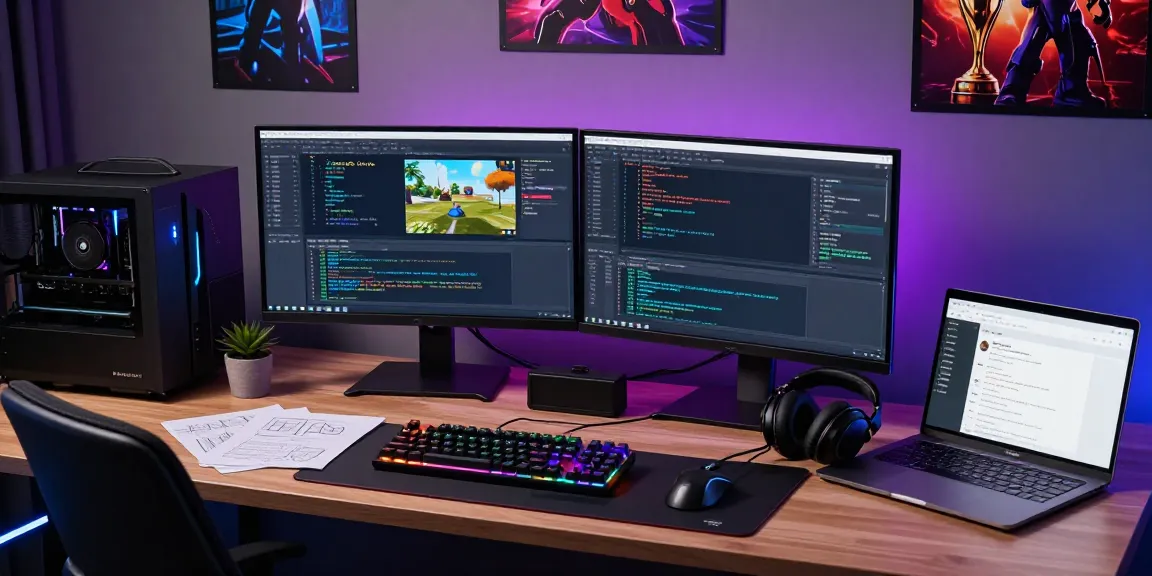 Developer working with FiveM Qbcore Scripts at a high-tech gaming workstation, showcasing vibrant coding environment and immersive setup.