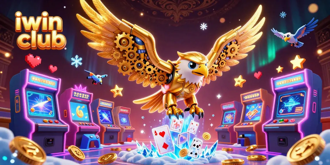 Win big at iwin club with a captivating scene showcasing a golden eagle among vibrant gaming elements.