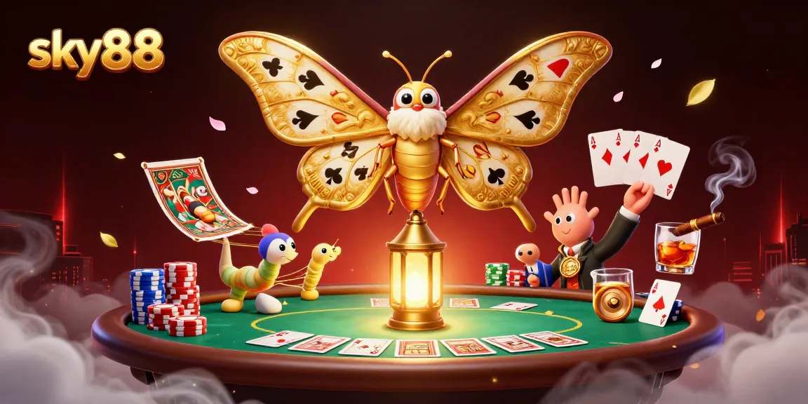 Experience the excitement at sky88 with a vibrant 3D moth illustration, showcasing dynamic casino elements.