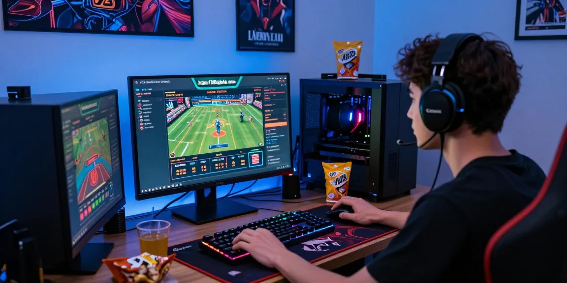Gamer engaged at computer with online betting platform https://hero138loginku.com surrounded by gaming accessories, creating an exciting atmosphere.