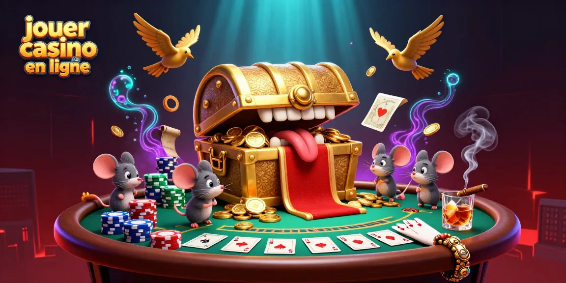 Jouer au casino en ligne avec un coffre à trésor doré et des cartes de poker dans une scène animée