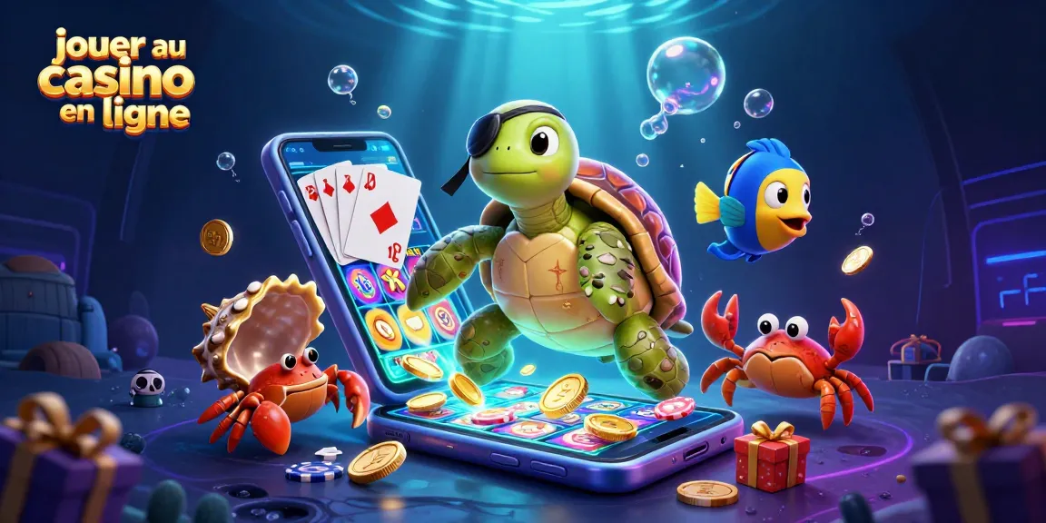 Jouer au casino en ligne avec une illustration 3D d'une tortue pirate, un crabe hermite et un poisson perroquet.
