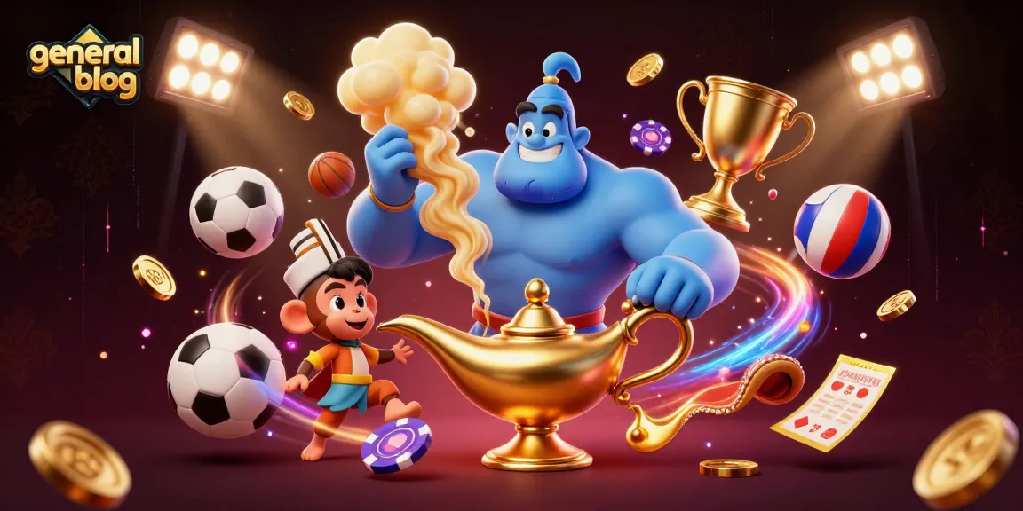 A vibrant general blog illustration showcasing a dynamic scene with a blue genie and gaming elements like sports balls and poker chips flying around.