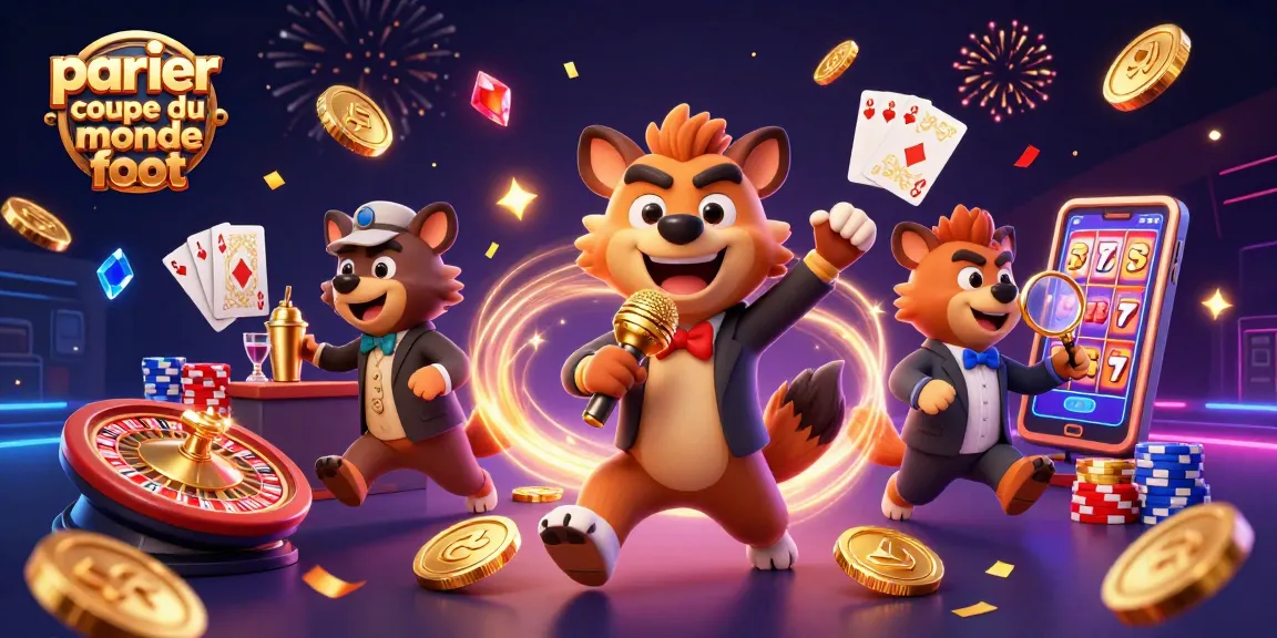 Parier coupe du monde foot: hyènes animées dans un casino comique avec des éléments de paris sportifs.