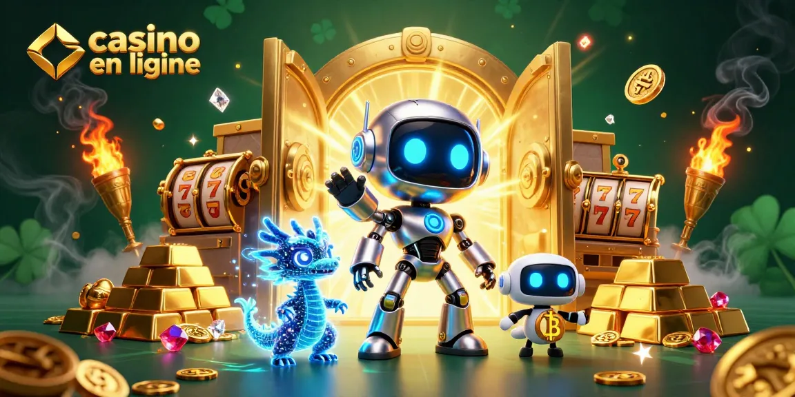 Gagnez avec des machines à sous dans un casino en ligne futuriste avec des robots et des pièces d'or.