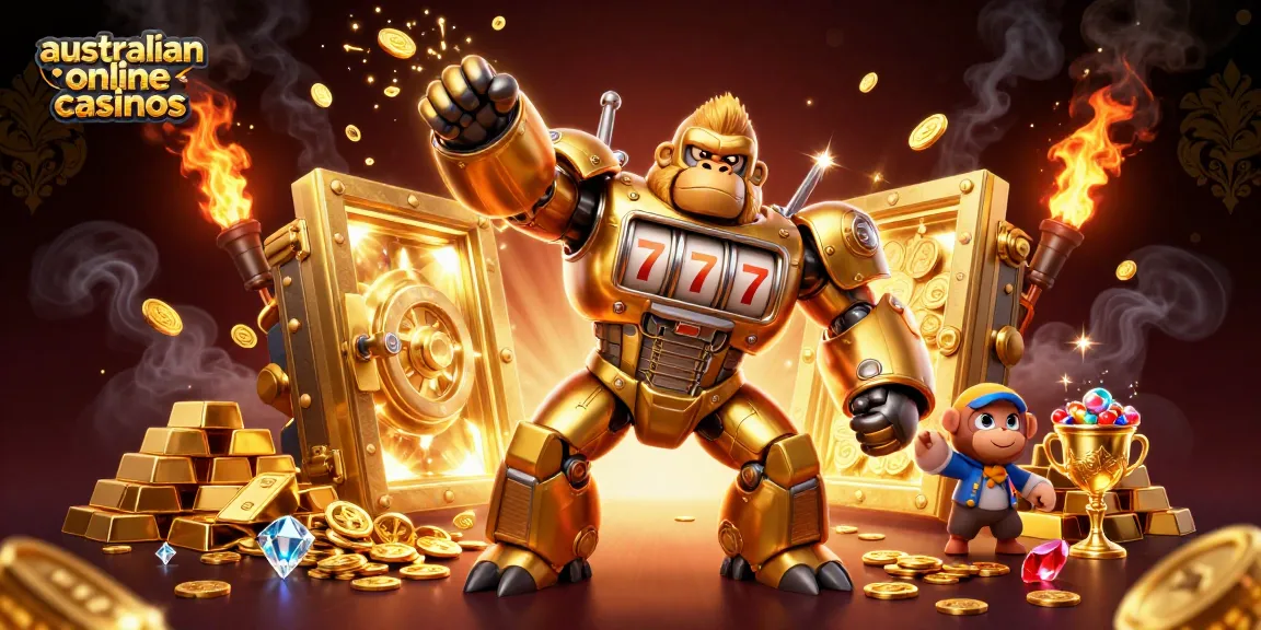 Engage with the spectacle of australian online casinos showcasing a golden gorilla mech conquering riches.