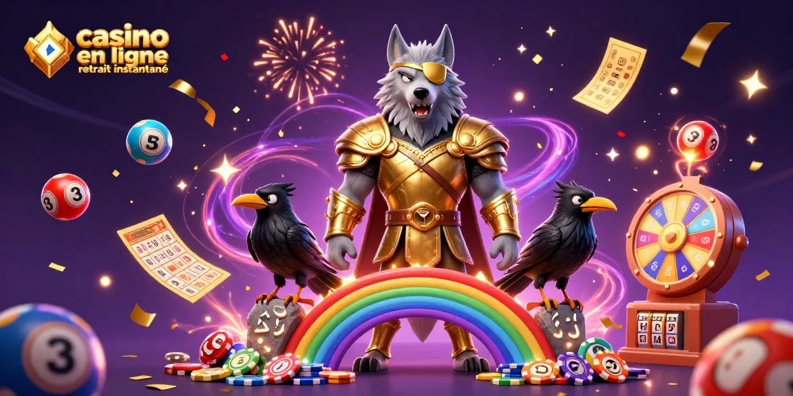 Casino en ligne retrait instantané illustré par des personnages fantastiques entourés d'éléments de jeu.