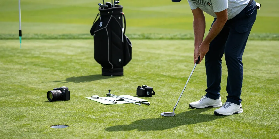 Ulasan putter terbaru di https://puttperfection.com/putter-reviews dengan golfer sedang menganalisis alat peraga canggih di lapangan hijau.
