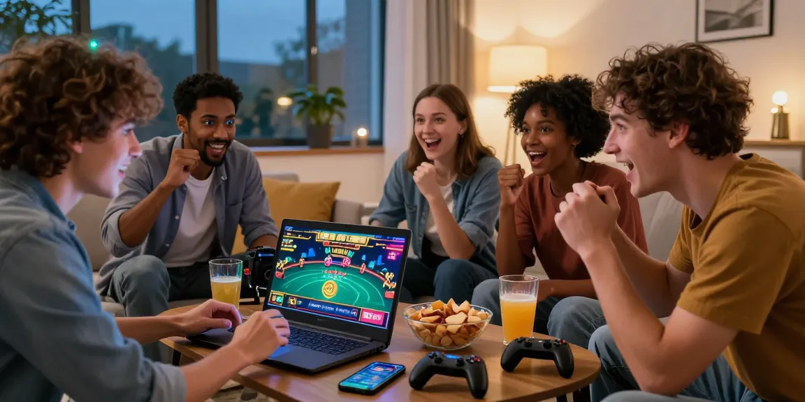 Online gaming interaction at https://raja328maen.com/ with friends in a cozy living room, enjoying live casino thrills.