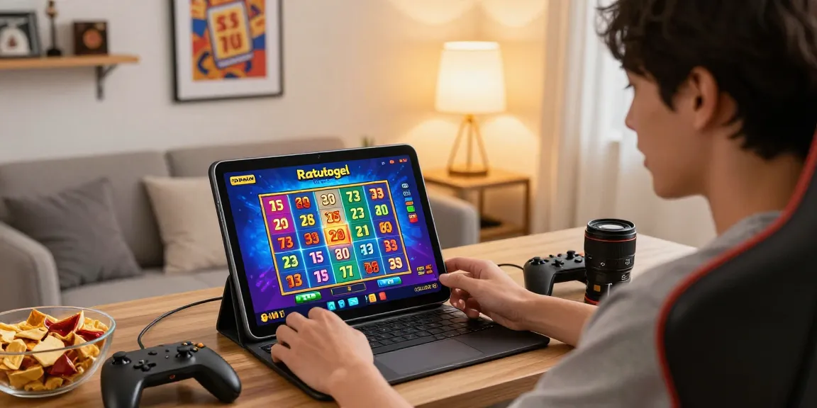 Pengguna Ratutogel login dengan antarmuka slot dan togel online di tablet dalam suasana hangat dan modern.