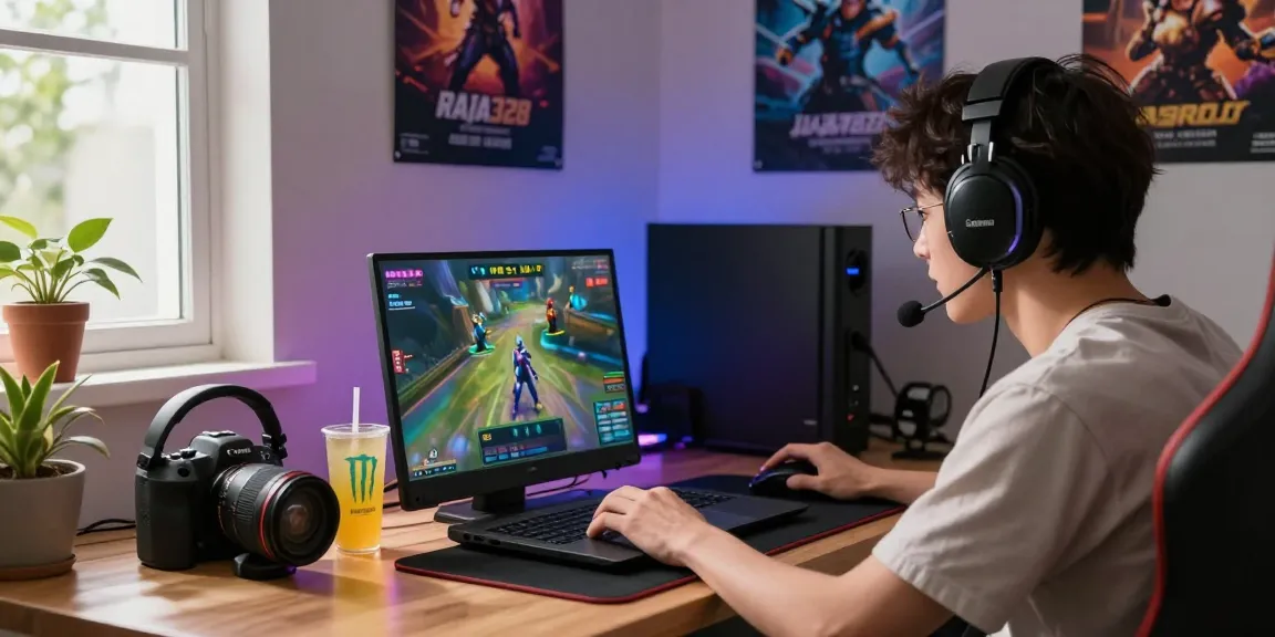 Raja328 masuk: Engaging player immersed in online gaming setup with vibrant atmosphere.