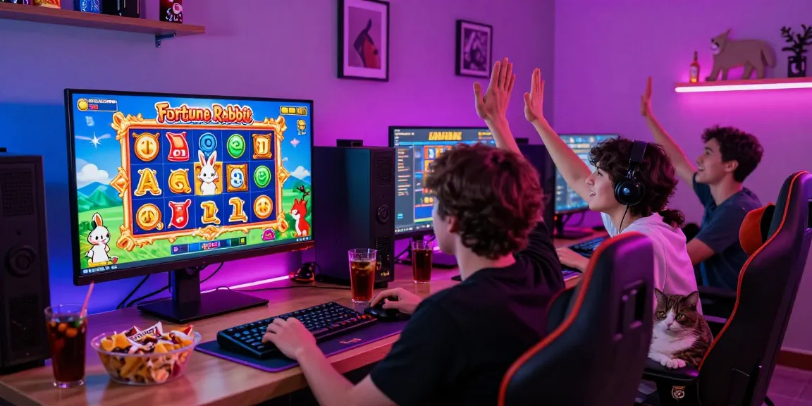 Players enjoying the Fortune Rabbit slot game in a vibrant gaming atmosphere filled with excitement and neon lights.