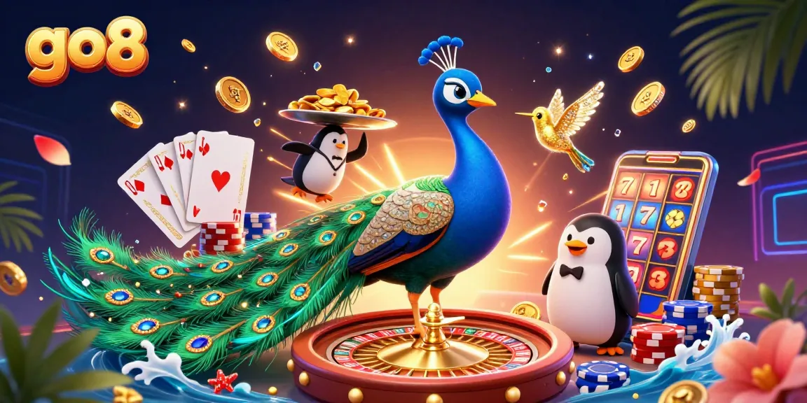 Experience the excitement of go8 with golden coins and a dazzling peacock in this casino-themed illustration.