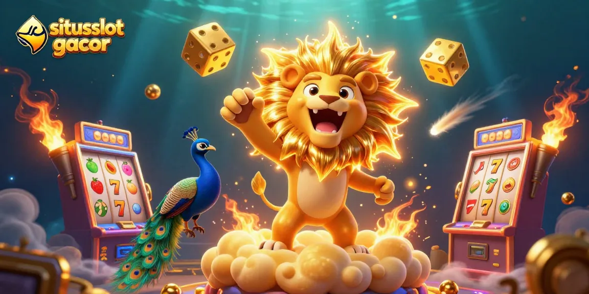 Engage with situs slot gacor through a vibrant scene featuring a roaring lion surrounded by slot machines and golden dice.