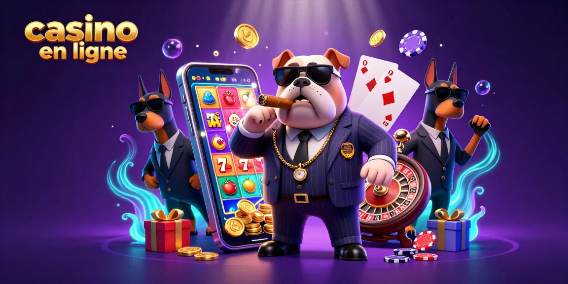Le bulldog mafieux du casino en ligne flanqué de ses gardes, entouré de jeux colorés et de symboles de jackpots scintillants.