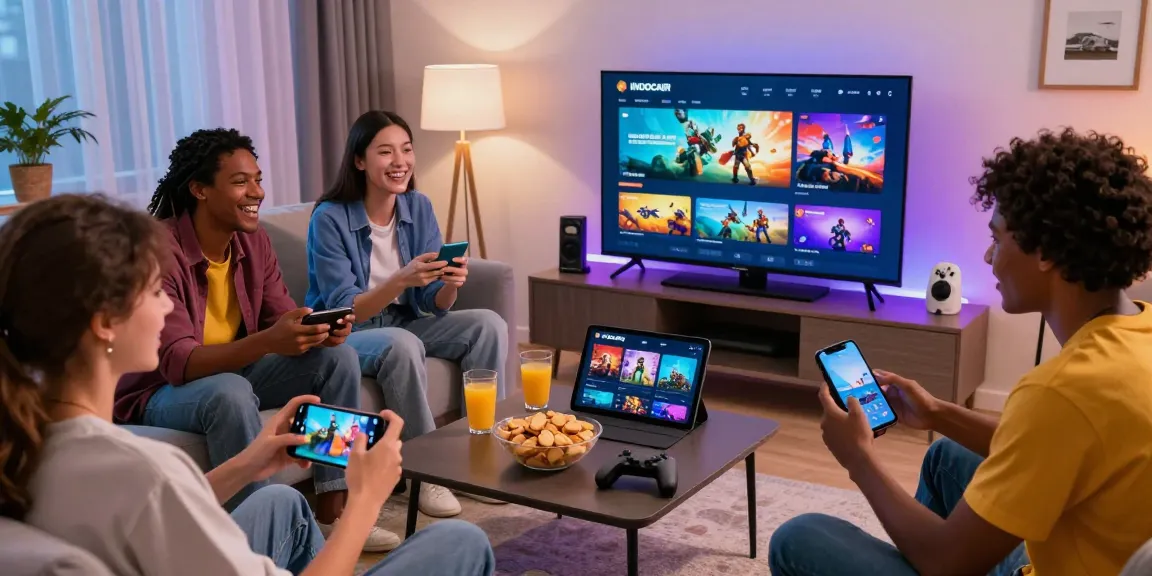 Users enjoying the indo cair platform in a vibrant gaming setting full of laughter and fun.