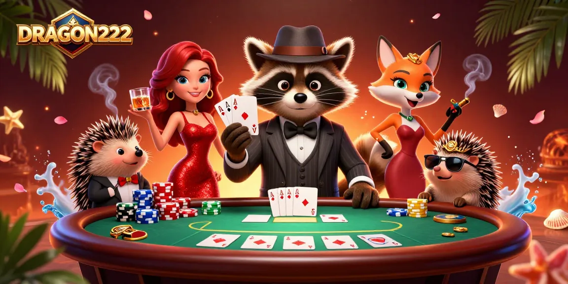 Enjoy thrilling gameplay at DRAGON222 with a raccoon and fox at a lively poker table.
