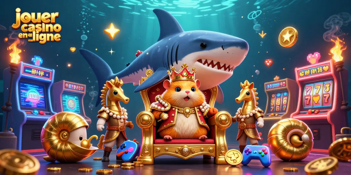 Jouer au casino en ligne avec un roi hamster doré et des gardes hippocampes dans une scène animée.