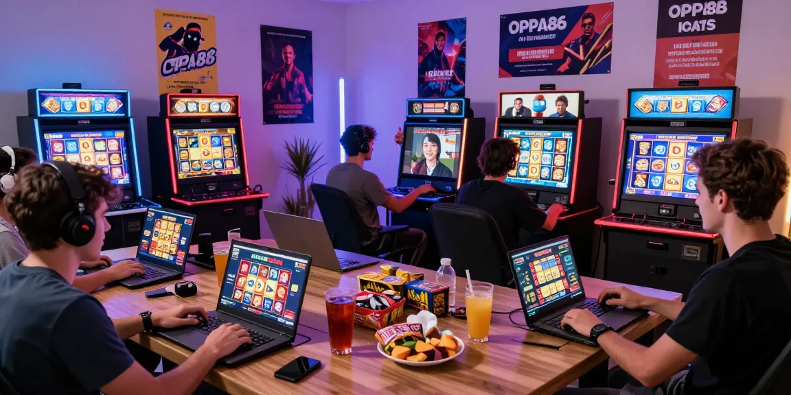 Exciting online gaming moment with OPPA86 slots, diverse players celebrating wins in a cozy living room.