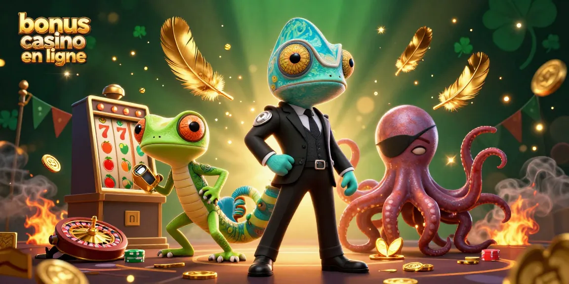 Offrez un bonus casino en ligne en compagnie d'un caméléon agent secret et d'un gecko techno.