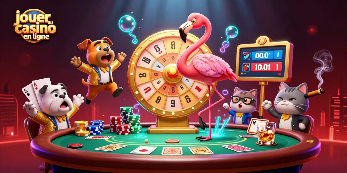 Jouer au casino en ligne sur un plateau animé de jeux avec un flamant rose hôte et un bulldog compétiteur.