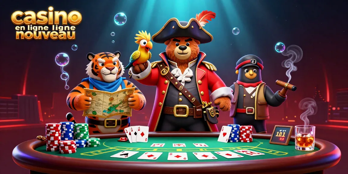 Illustration captivante de casino en ligne nouveau avec un ours capitaine pirate, un tigre et un perroquet, entourés de cartes et de jetons.