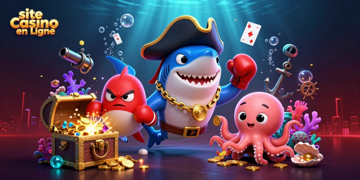 Retrouvez le meilleur site casino en ligne dans une scène de jeu sous-marine colorée avec des personnages amusants.