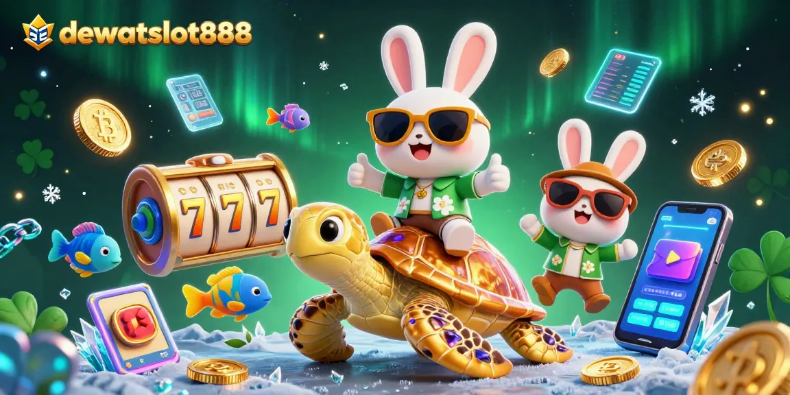 Rasakan kegembiraan bermain di dewataslot888 dengan ilustrasi kelinci beruntung 3D dan kura-kura emas yang cantik.