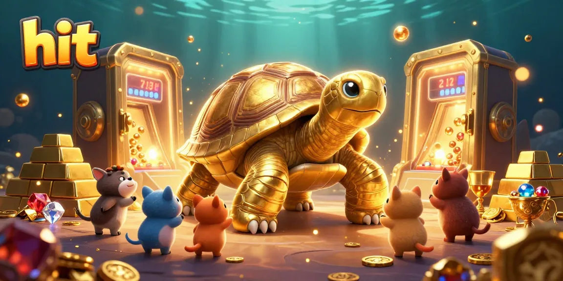 Hit big with a vibrant illustration of a colossal tortoise pinball machine amidst treasure in this thrilling gambling scene.
