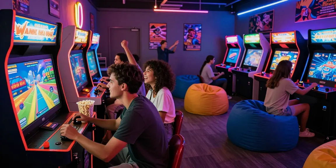 Friends enjoying gaming experience at 7meter arcade with vibrant graphics.