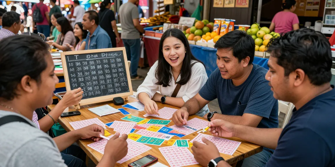 Kerumunan pemain bersemangat membahas nomor rejeki di pasar lokal dengan tiket lotere berwarna-warni.