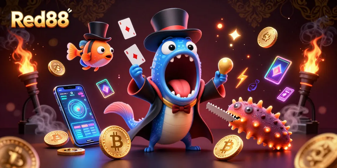 Red88 features a vibrant magic act undersea showcasing an eel, anglerfish, and sea cucumber with cryptocurrency elements.