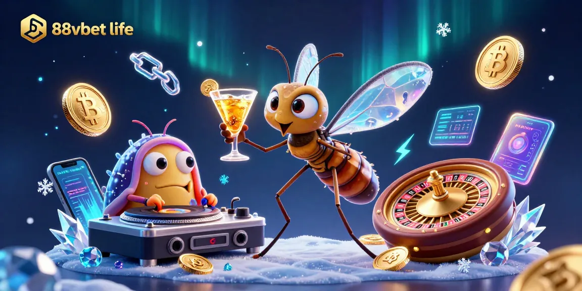Engage with the vibrant casino scene featuring a unique 88vbet life mascot, showcasing crypto elements and gaming excitement.